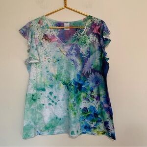 Time and Tru Multicolor Floral Ruffle Blouse Large